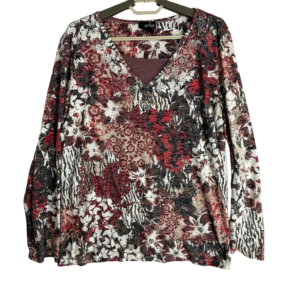 ERIKA Blouse Top Women XL Pink Red Brown Gray Beaded Long Sleeves Lightweight